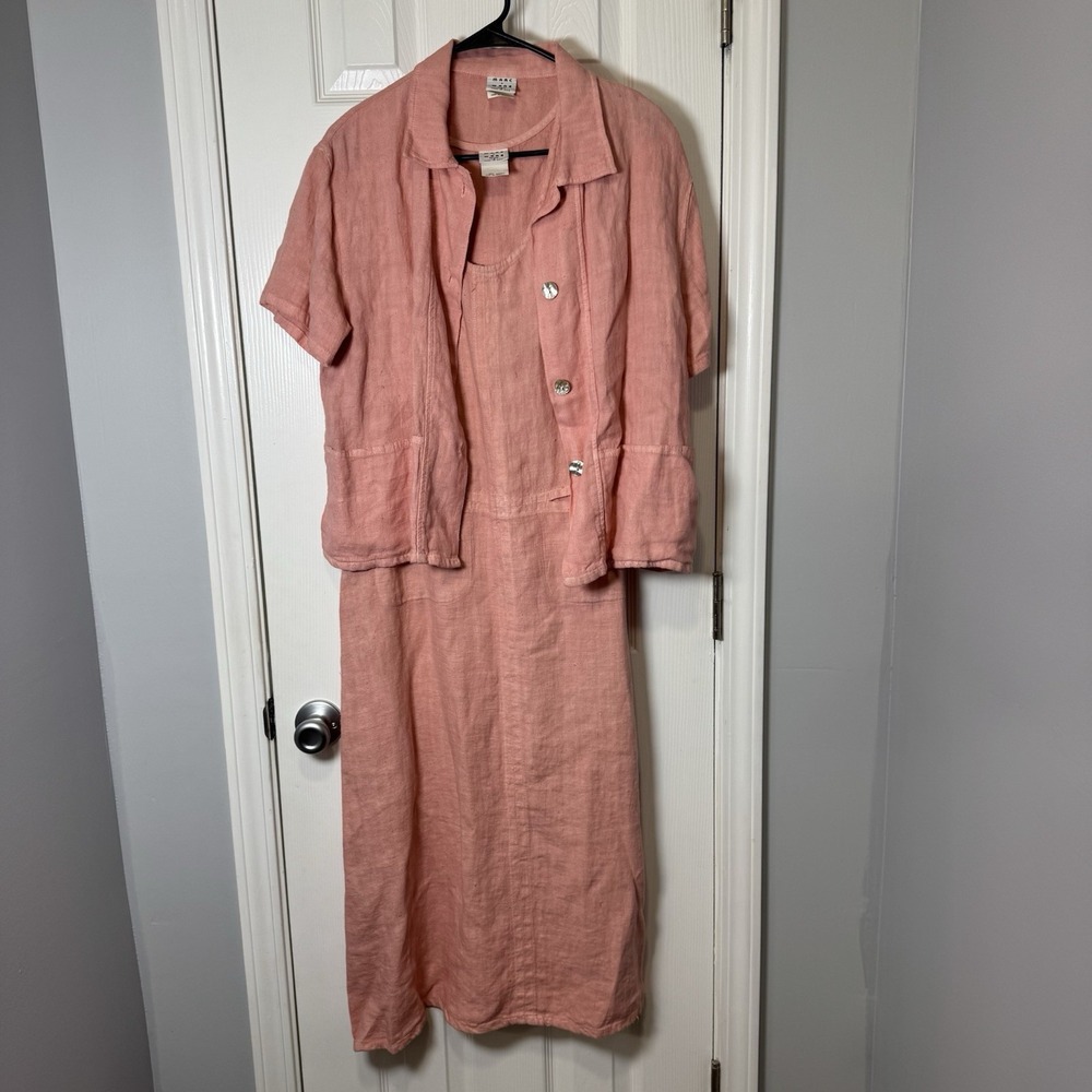 Vintage 2 Pc‎ Marc + Ware 100% Linen Tank Dress & Button Up Cover Pink Cotton Sm